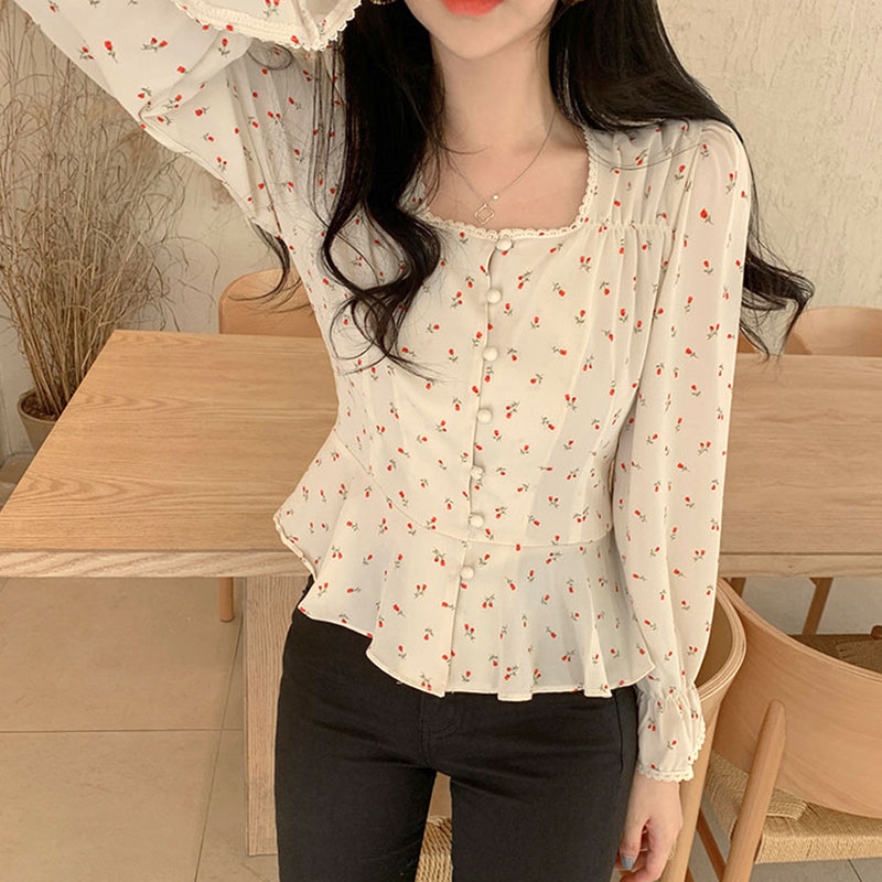 Korean style women ladies chiffon floral flower long sleeve shirt ...