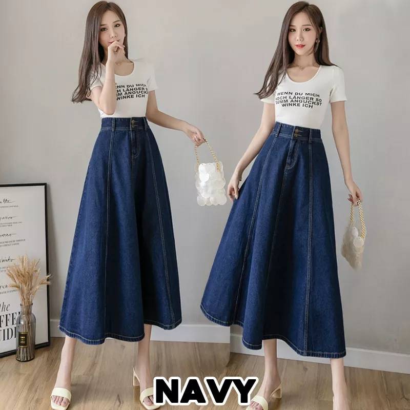 Fashion wanita rok korean style rok jeans 7/8 // rok highwaist pleated ...
