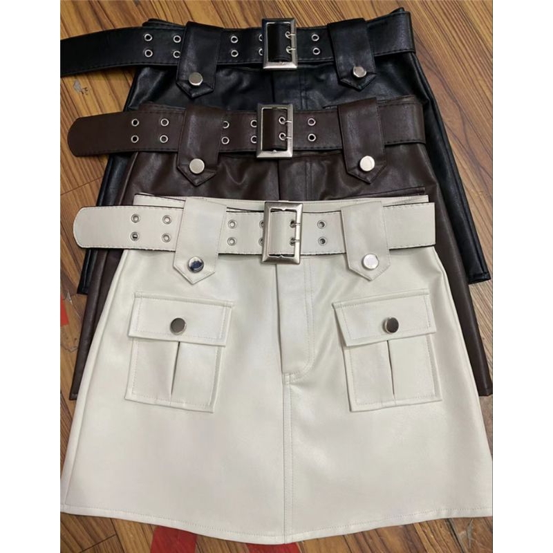 Jual Rok kulit mini wanita trendy gaya Korea/leather skirt Korea sabuk ...