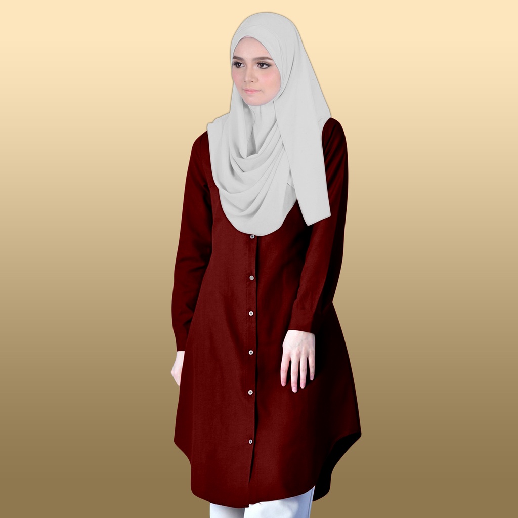 Muslimah Front Button Plain Fashion Long Sleeve Blouse Top Baju Wanita ...