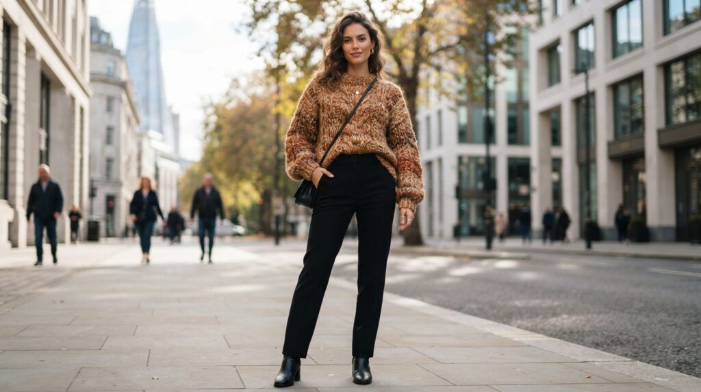 A bulky knit balances sleek trousers in a textured outfit