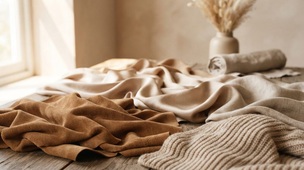 Beige and camel fabrics form a cohesive monochromatic palette