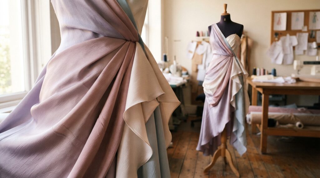 Bias fabric and layered folds shape an advanced drape
