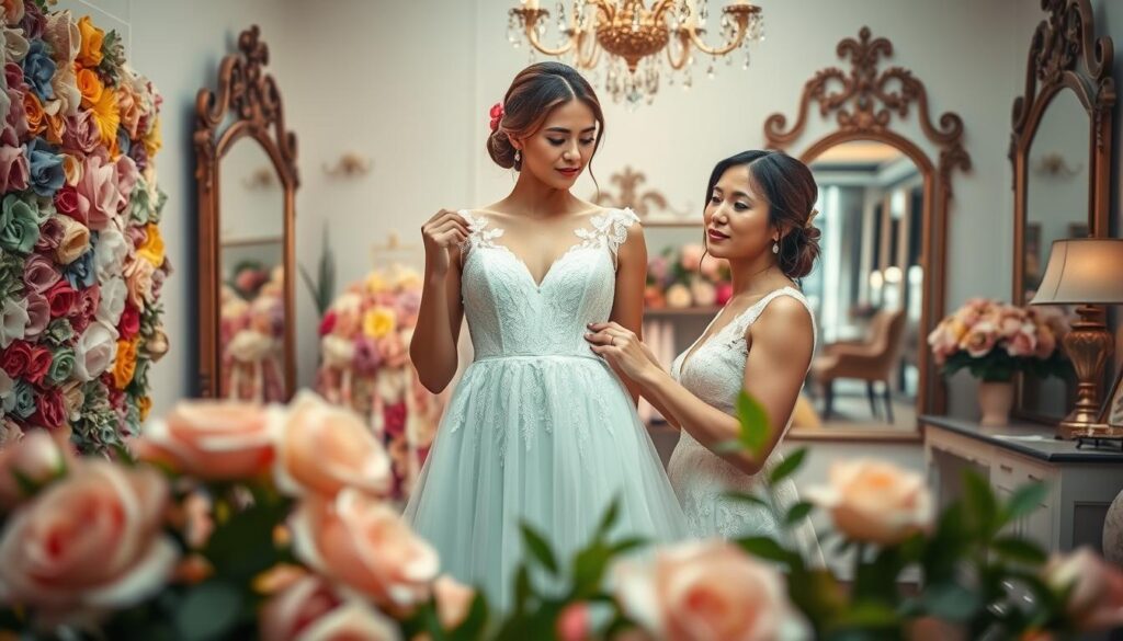 Bride comparing a mint wedding dress with a floral color palette