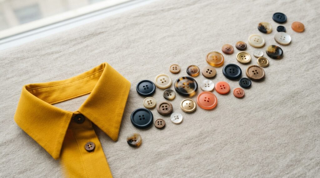 Bright collar and repeated buttons guide the eye
