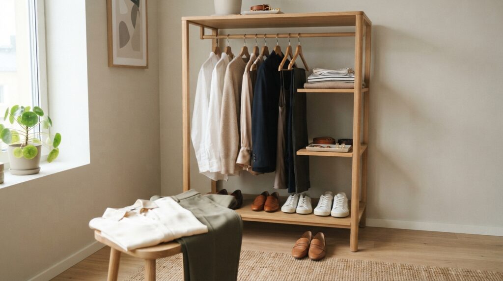 Coordinating tops, bottoms, and shoes form a small wardrobe
