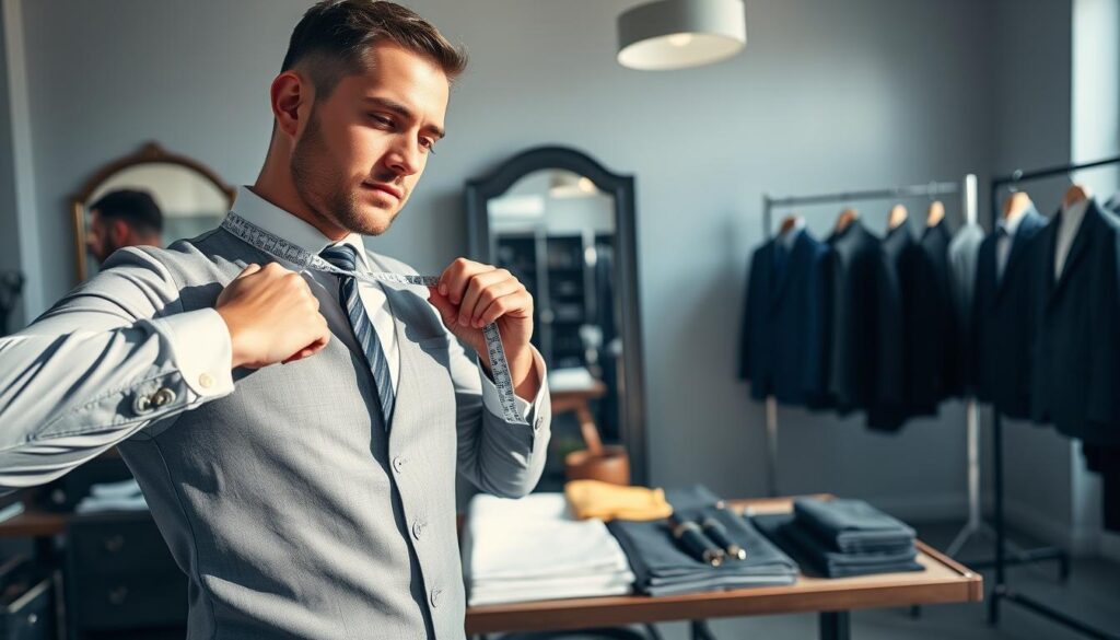 Customer checking suit measurements before an online order Customer checking suit measurements before an online order