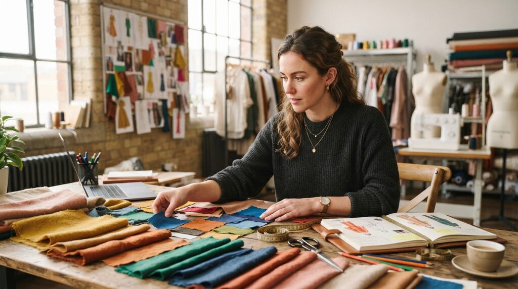 Designer arranges fabric swatches for a fashion collection palette Designer arranges fabric swatches for a fashion collection palette