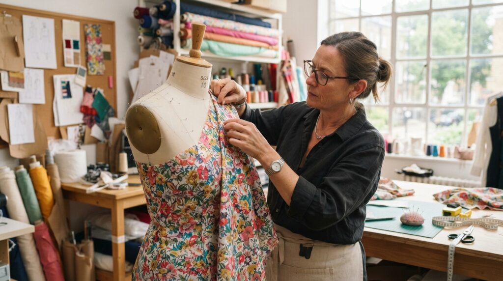 Designer checks fabric grain and fit on a dress form Designer checks fabric grain and fit on a dress form