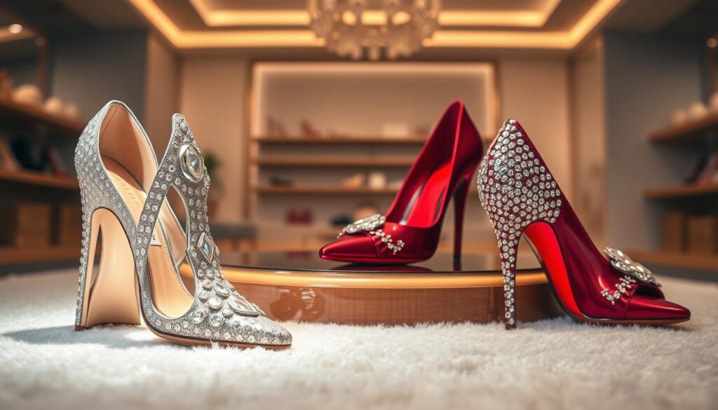 Diamond heels and ruby slippers displayed as collectible shoes