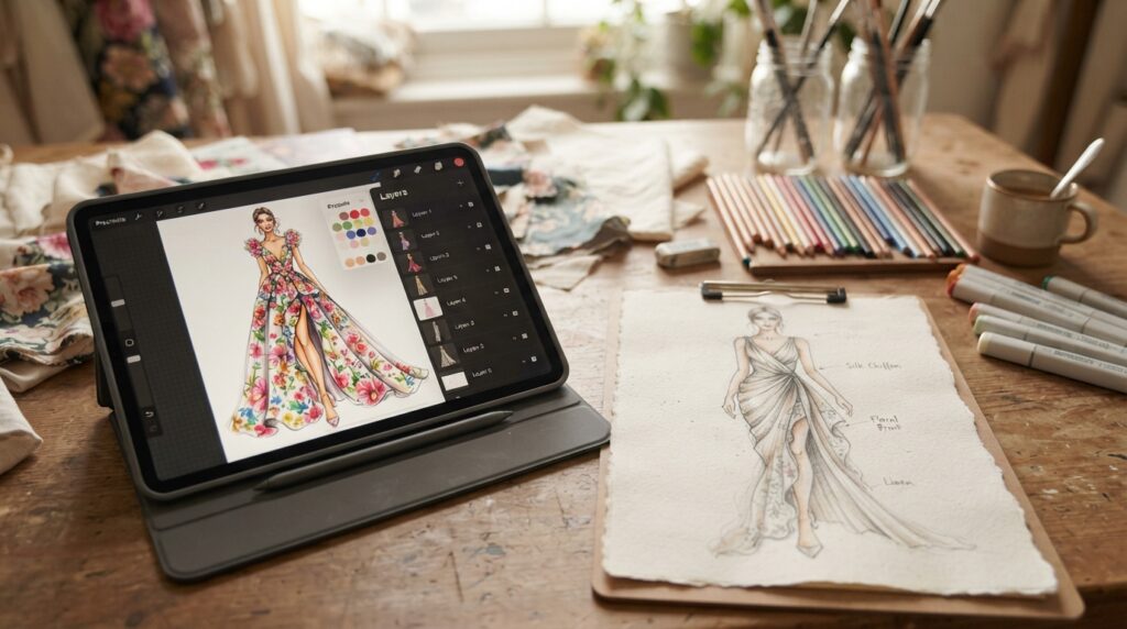 Digital fashion sketch app open beside a croquis drawing