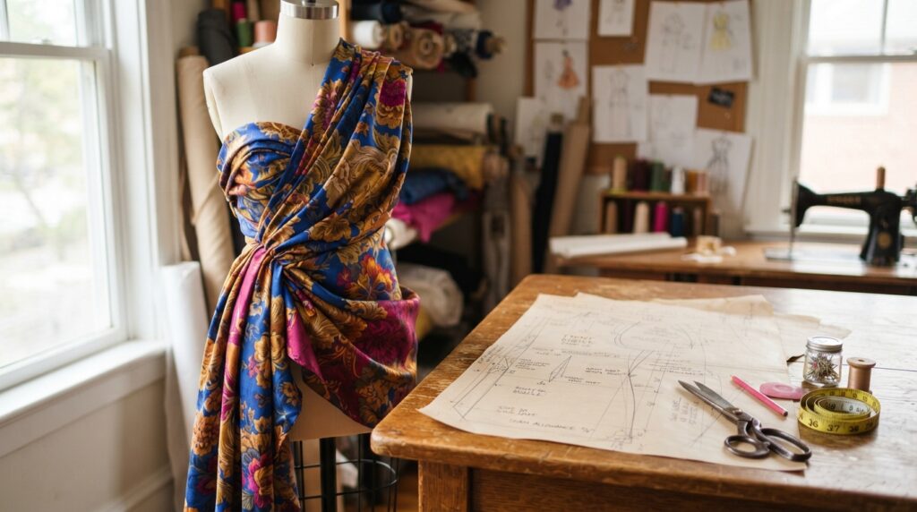 Draping fabric on a dress form beside a pattern draft