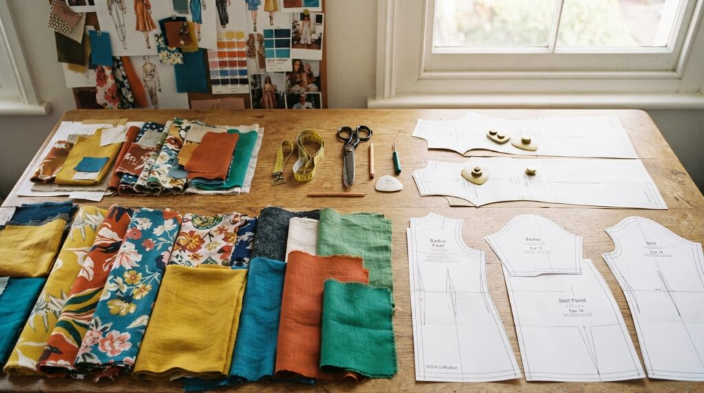 Fabric swatches and garment pattern pieces for prototype development Fabric swatches and garment pattern pieces for prototype development