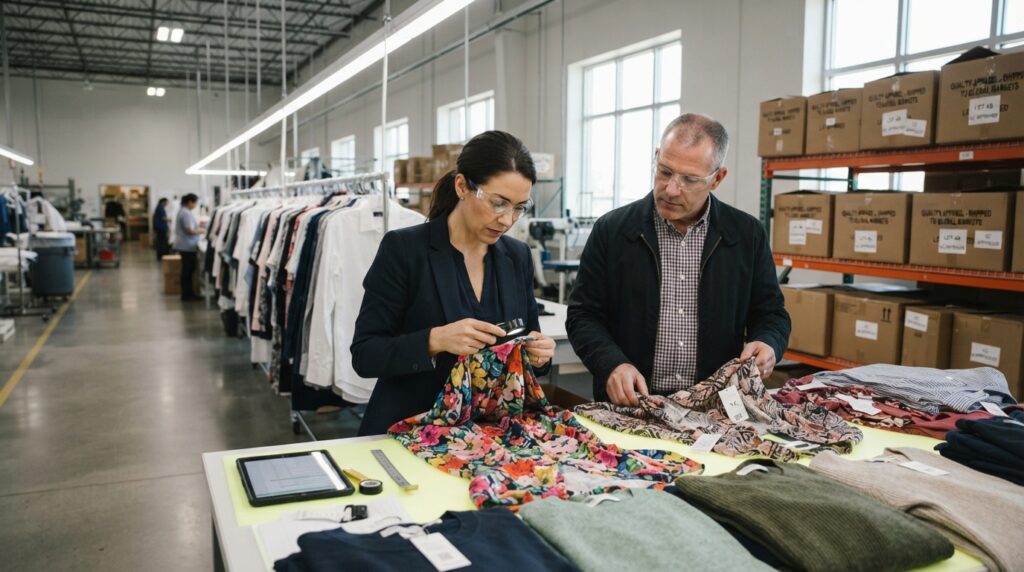 Factory quality control team inspecting finished garments before shipment Factory quality control team inspecting finished garments before shipment