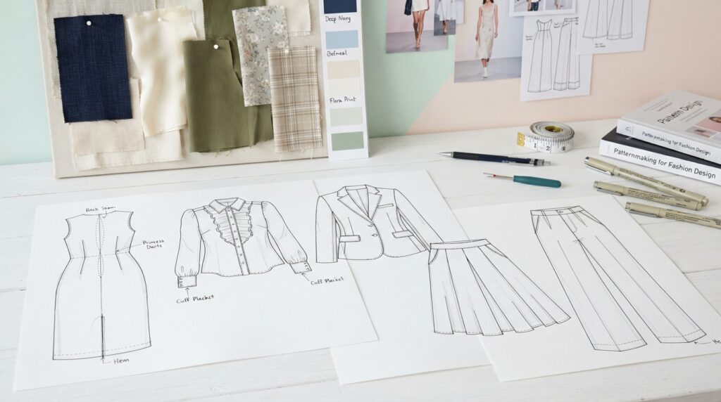 Garment silhouette and construction details in a flat sketch
