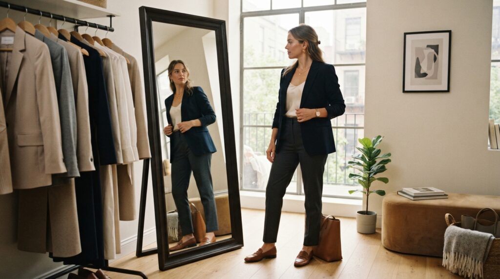 Mirror check showing outfit lengths and visual weight