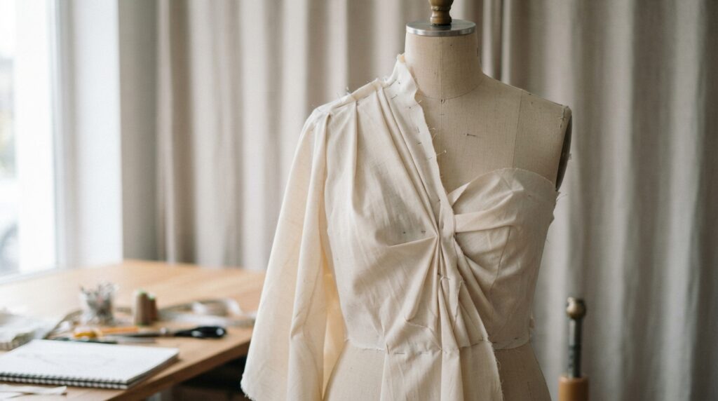 Muslin anchored at shoulder and center front on form Muslin anchored at shoulder and center front on form