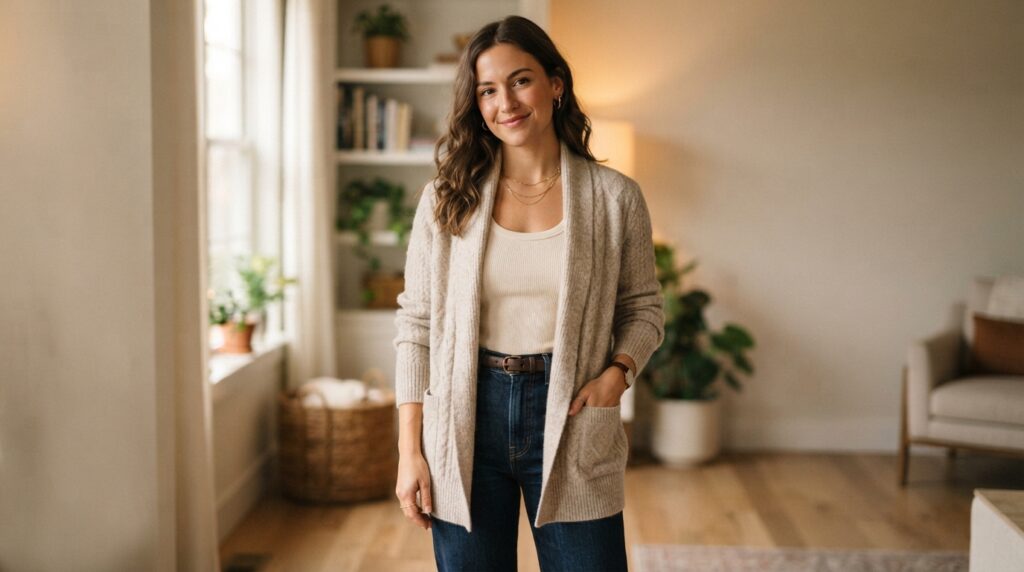 Open cardigan framing base layers and their balanced line