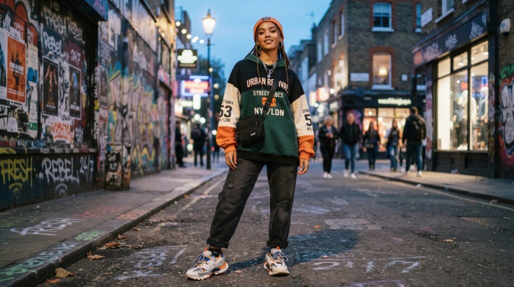 Oversized streetwear combines a hoodie with bulky shoes