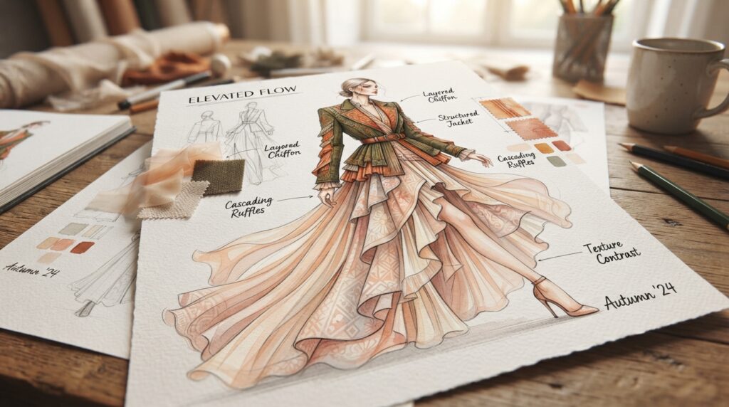 Personal style sketch mixing a flowing silhouette with layered details