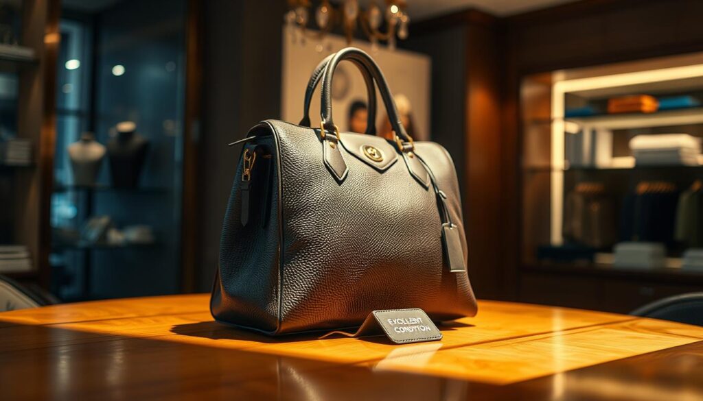 Pre-owned designer bag shown with condition and resale details Pre-owned designer bag shown with condition and resale details