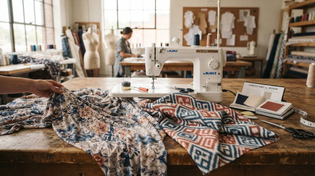 Stretch knit and structured woven compared on patterns