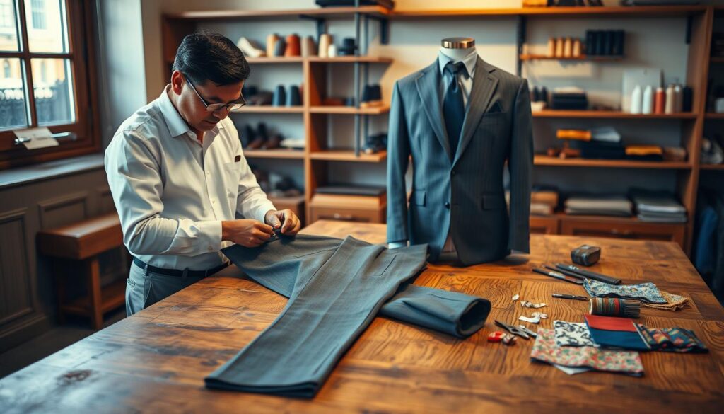 Tailor hemming suit pants beside a jacket on a worktable Tailor hemming suit pants beside a jacket on a worktable