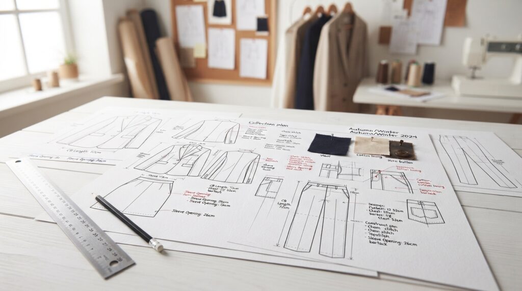 Technical file showing garment flats, measurements, and stitching notes