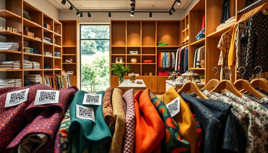 Upcycled fabrics and garment QR code show sourcing choices