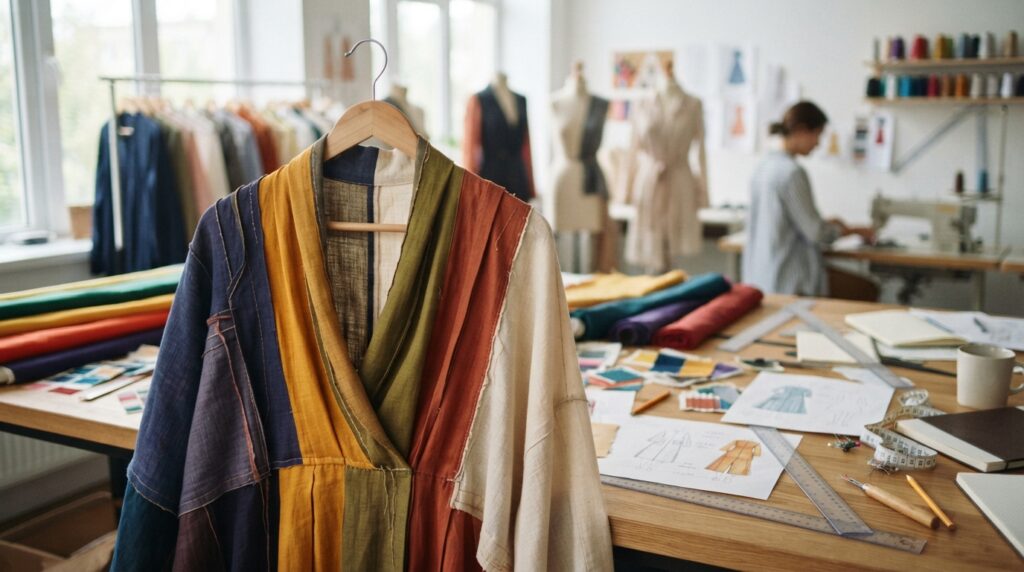 Vertical panels and color placement guiding a garment design